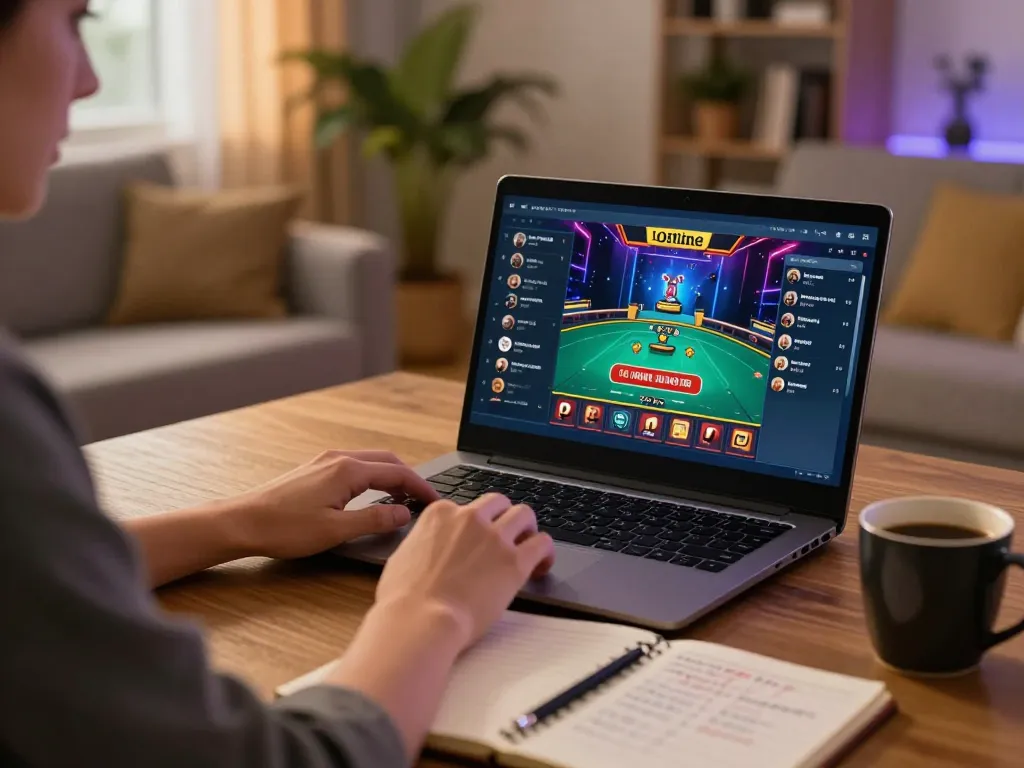 Pemain menggunakan platform kasino online alexis500 di rumah, menampilkan antarmuka permainan yang menarik dan catatan strategis.