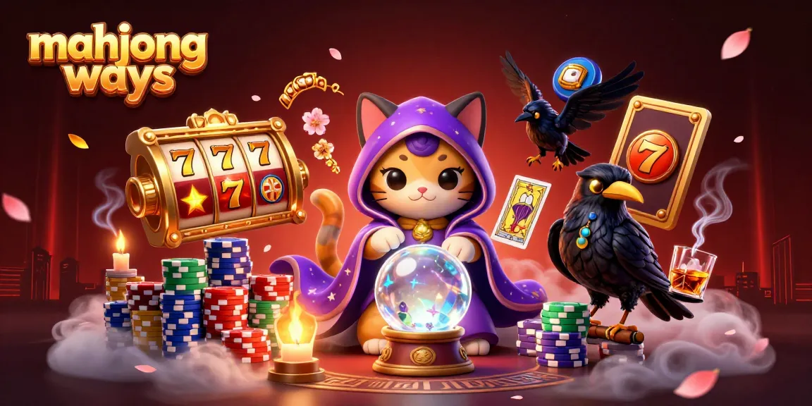 Experience thrilling mahjong ways with an enchanting scene of a mystic cat and a raven, surrounded by vibrant slot elements.