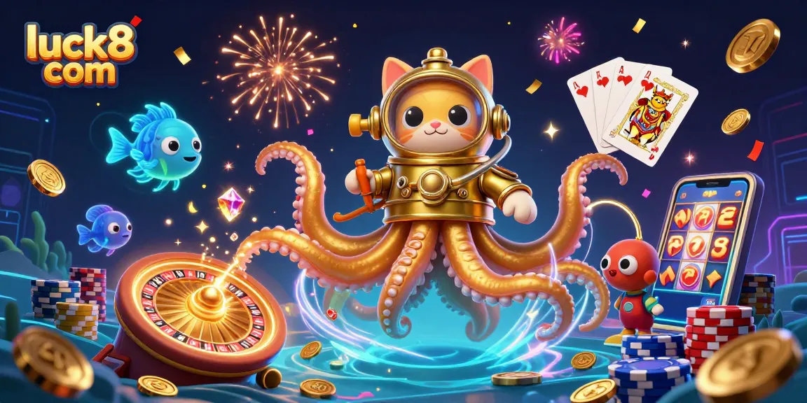 Experience excitement at luck8 com with a jubilant kraken and diving cat amid casino treasures.