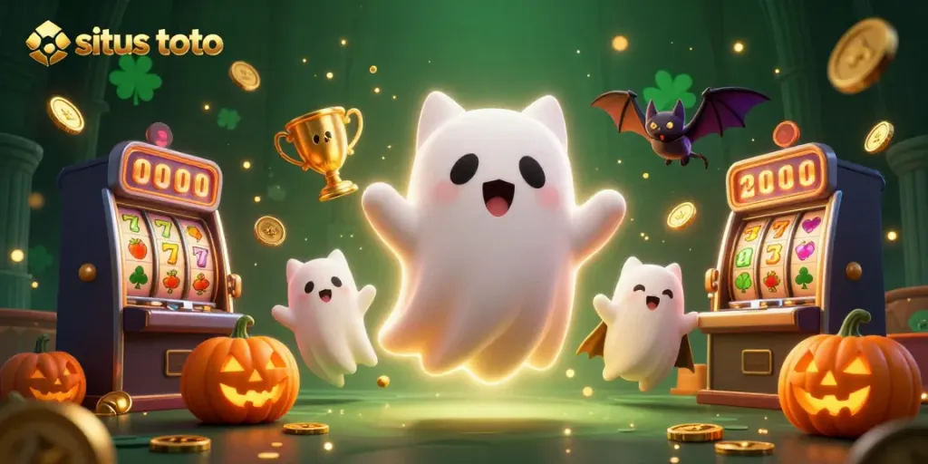 Gambarkan situs toto dengan kucing hantu dan vampir, mempercantik kasino dengan slot dan poker.