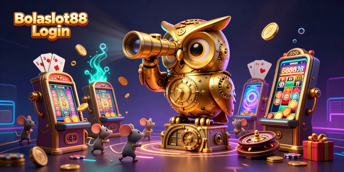 Bolaslot88 Login showcases a cartoon golden owl scanning a luxury casino with dynamic slot games.