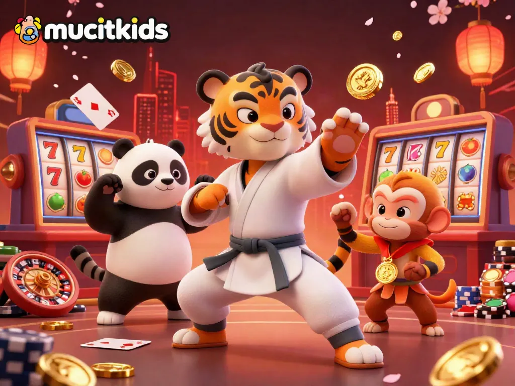 Permainan kasino seru dengan mucitkids, harimau kung fu tampil atraktif di latar belakang bertema kasino