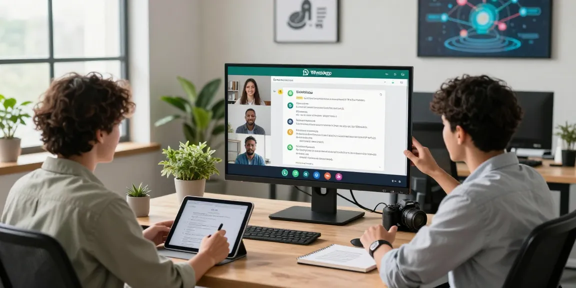A team collaborating using WhatsApp網頁版 in a modern workspace, showcasing technology and connectivity.