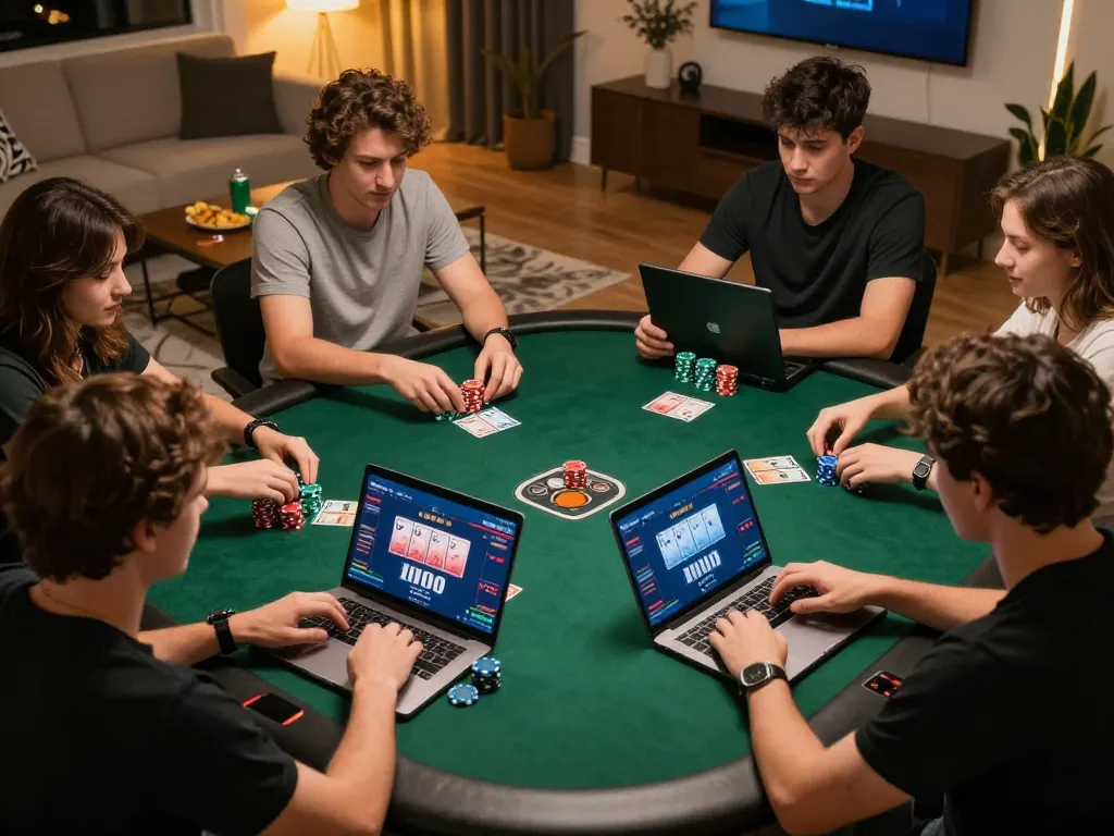 Players engaging in strategic betting on situs gacor online poker game at home, showcasing vibrant gameplay.