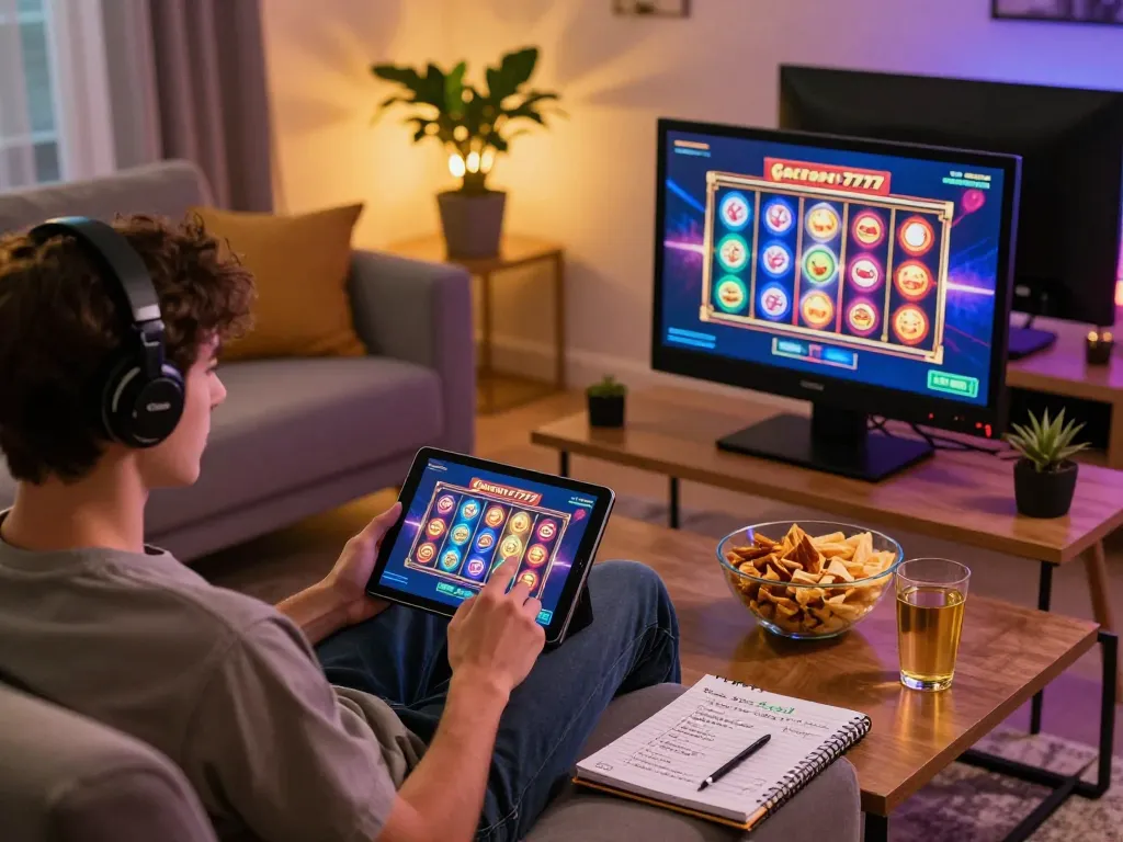 Pengalaman permainan yang menarik pada slot gacor 777 selama sesi nyaman di rumah menampilkan catatan strategi dan antarmuka dinamis.