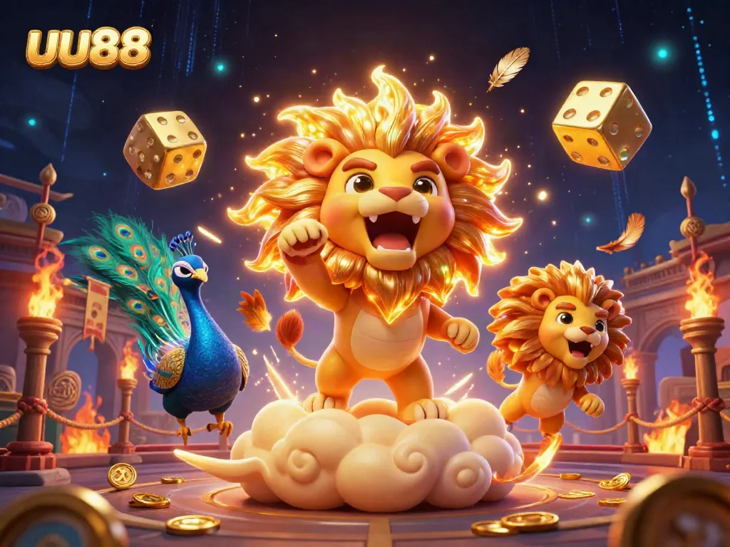 Experience the thrill of uu88 with vibrant gambling elements and roaring characters in a dazzling 3D scene.