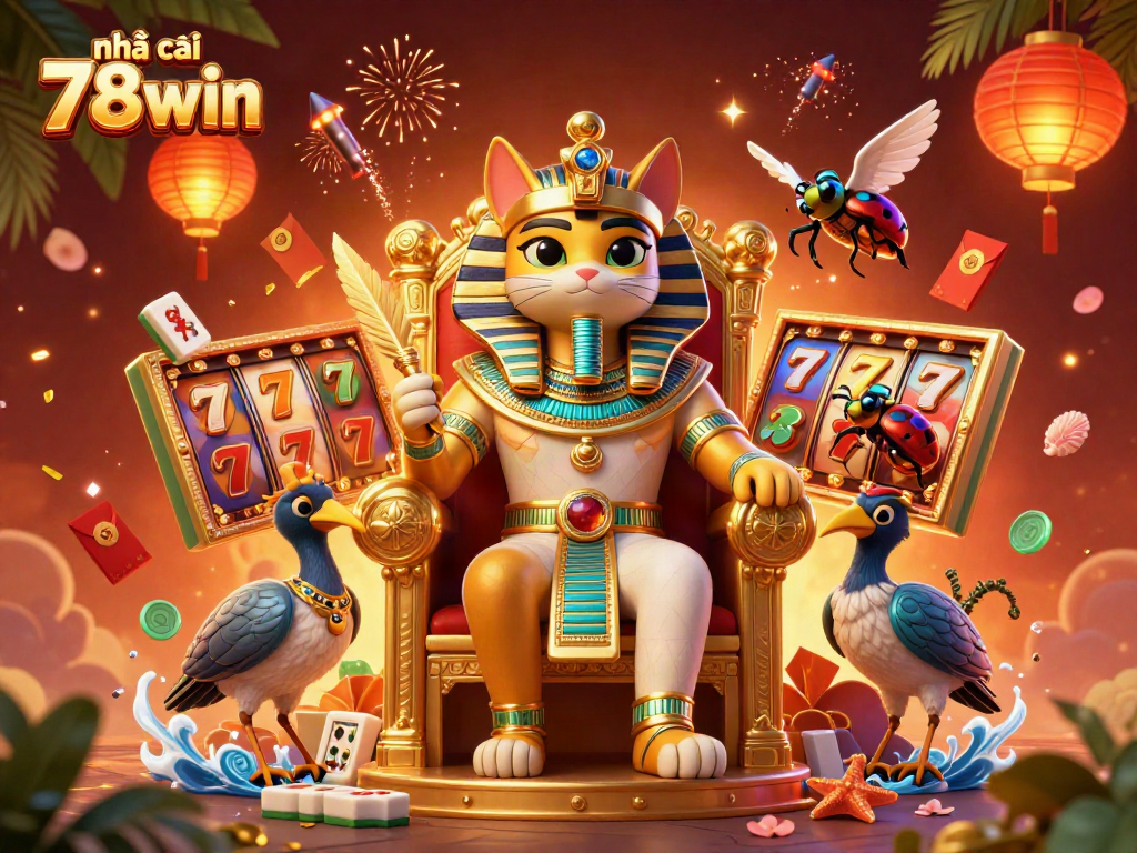 Experience the thrill of nhà cái 78win with the pharaoh cat and mythical elements in this vibrant digital illustration.
