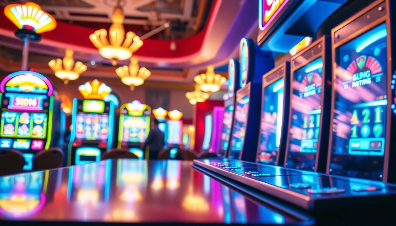 Mainkan slot yang penuh warna di kasino dengan suasana meriah dan pencahayaan cerah.