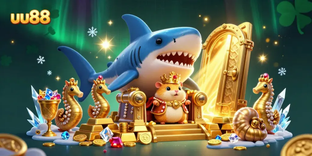 Exciting uu88 casino scene featuring a hamster king and treasure vault, perfect for gamers.