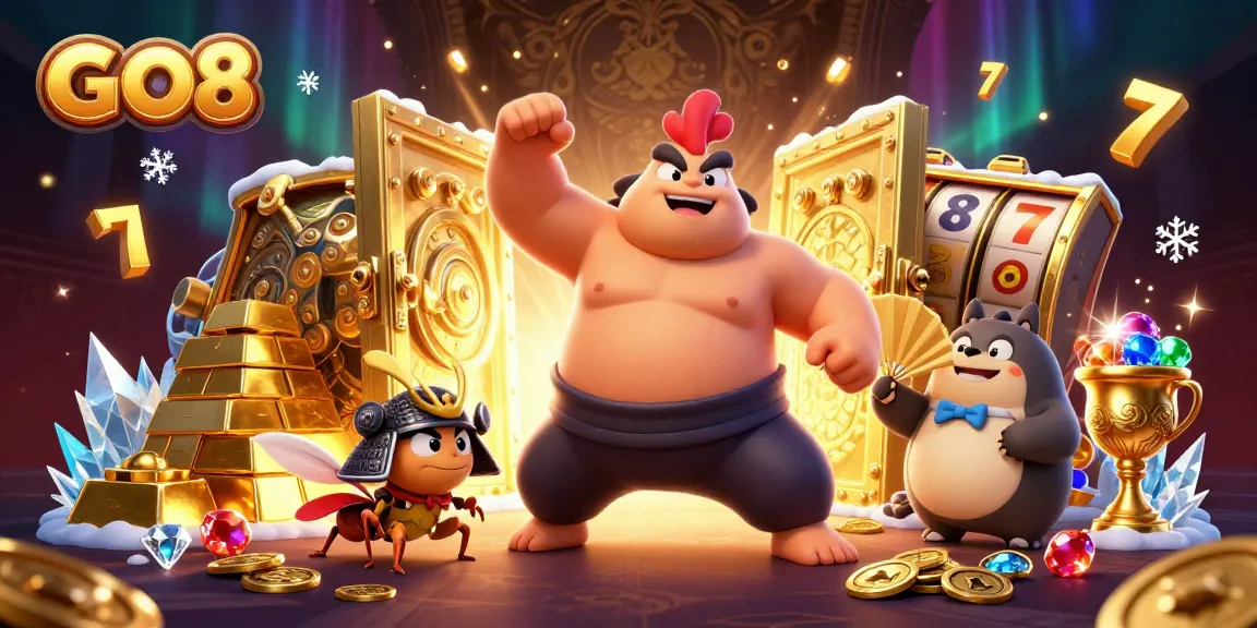 GO8 excitement illustrated with a sumo wrestler, cricket, and tanuki in a thrilling casino scene.