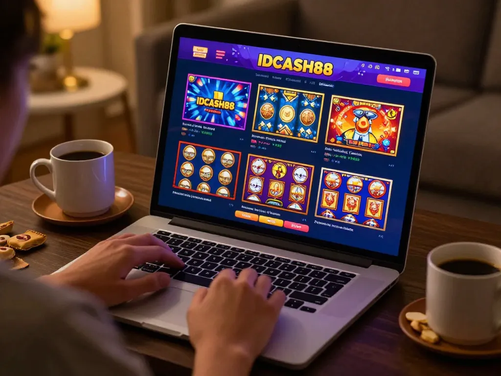 Experience engaging gameplay on IDCASH88 with vibrant online slots displayed on a laptop in a cozy home setting.