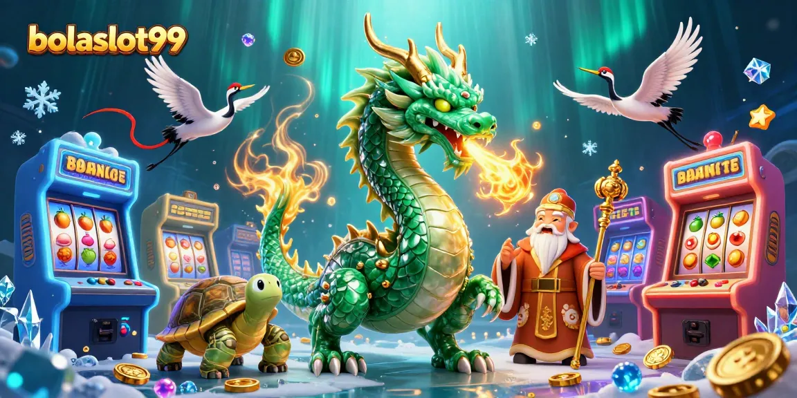Bolaslot99 showcases a vibrant scene with a jade dragon, turtle sage, and lucky cranes.