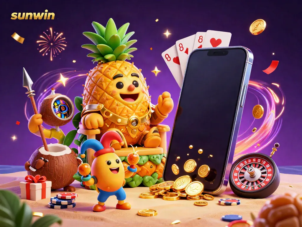 Experience the vibrant excitement of Sunwin with the golden pineapple king and dynamic casino elements all around.