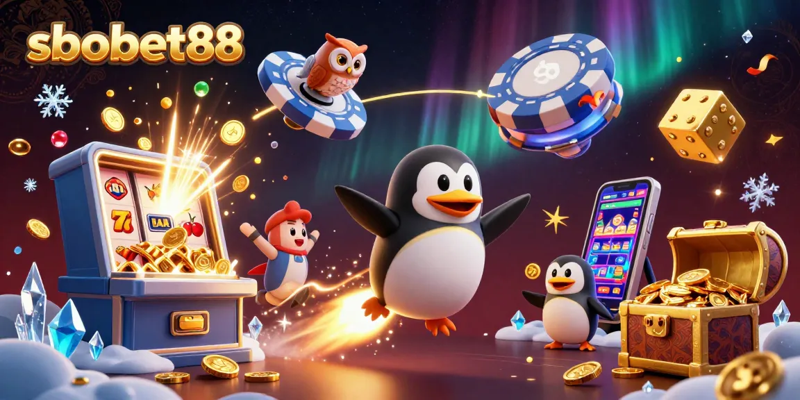 sbobet88 offers a thrilling space adventure with a golden penguin amidst jackpots and casino excitement