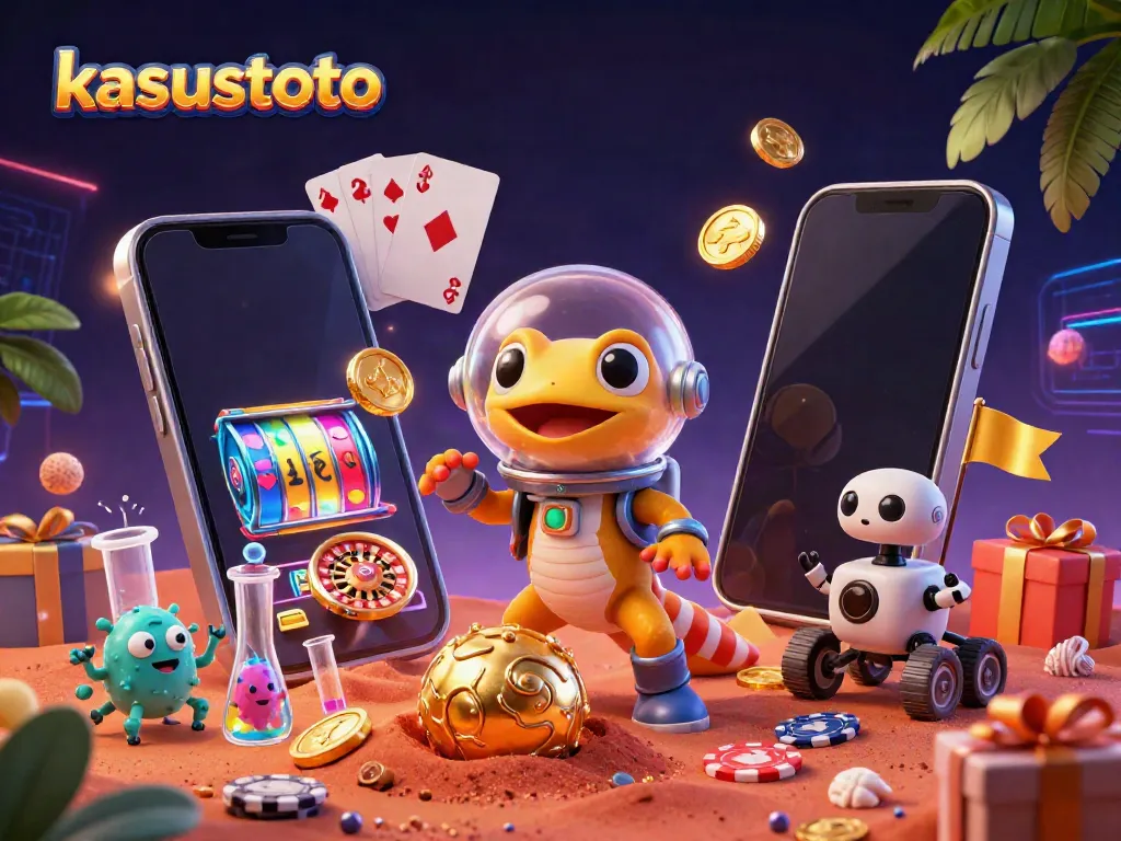 Kasustoto menghadirkan gecko luar angkasa dan rover robot di kasino emas penuh permainan slot yang dinamis.