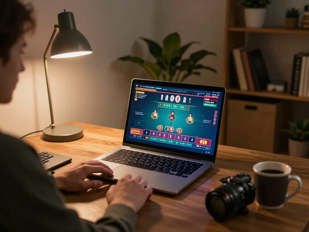 Player enjoying an engaging hwg500 online casino game on their laptop, showcasing live dealer interaction and cozy home setup