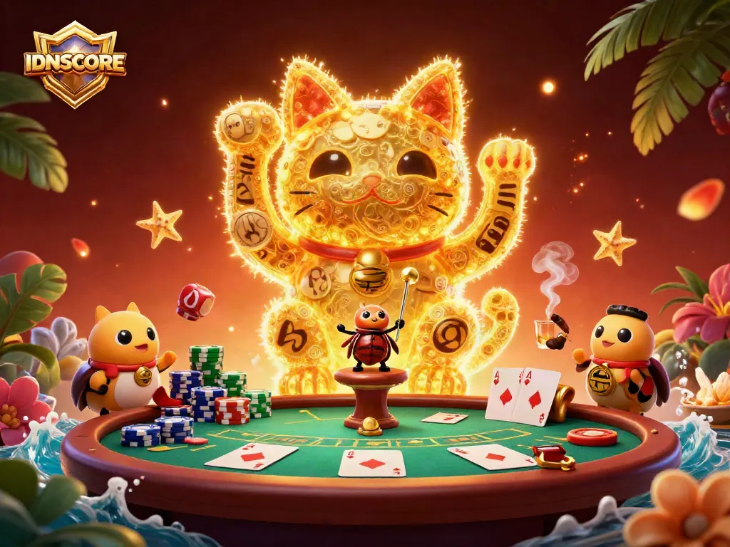 Engage with IDNSCORE as golden fireflies form a lucky cat amidst poker and casino elements.