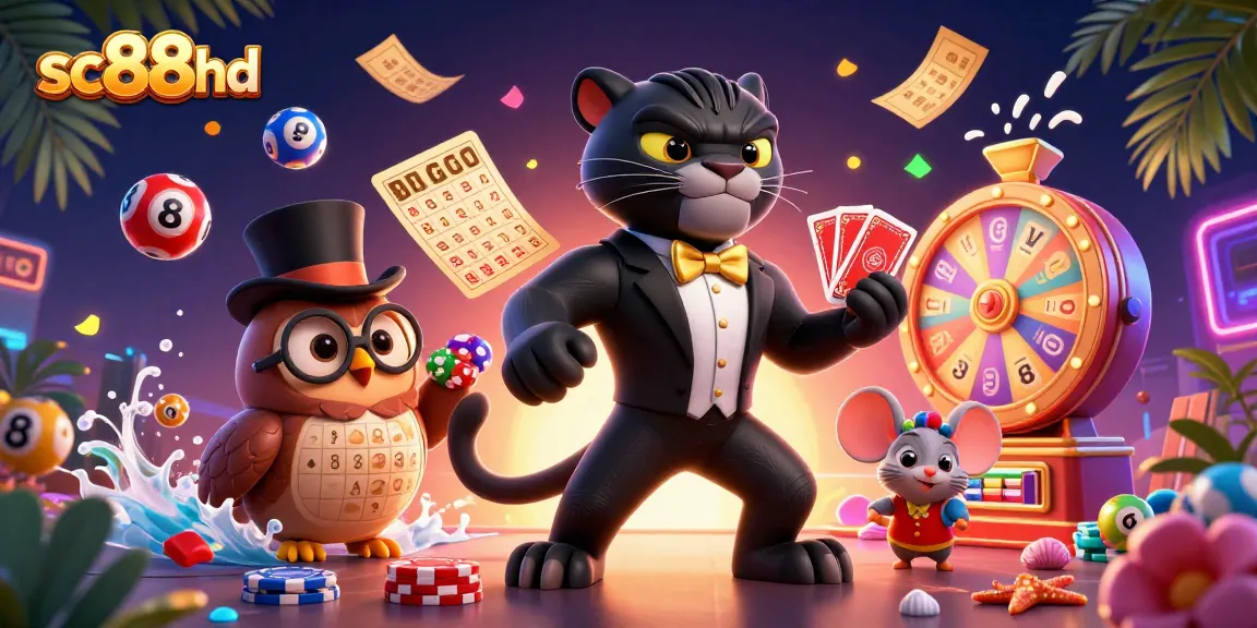 Experience sc88hd with lively characters and vibrant casino elements in a 3D illustration.