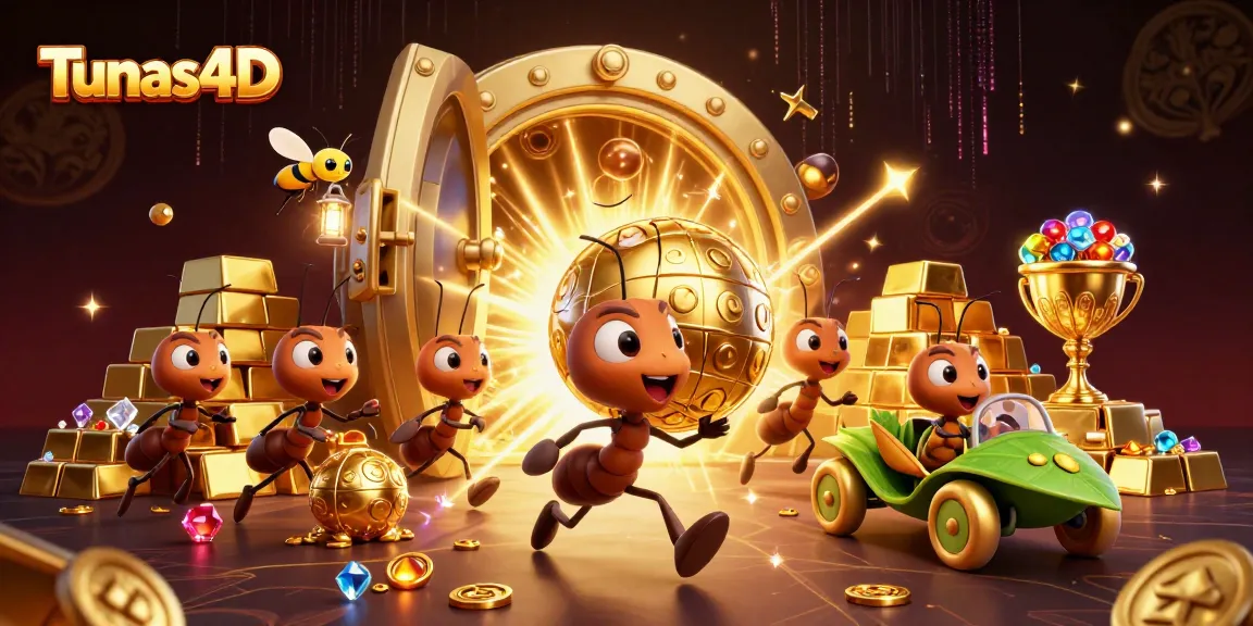 Tunas4D menampilkan ant-army meraih kemenangan dalam togel online dengan bola emas raksasa yang membawa harta karun berkilauan.