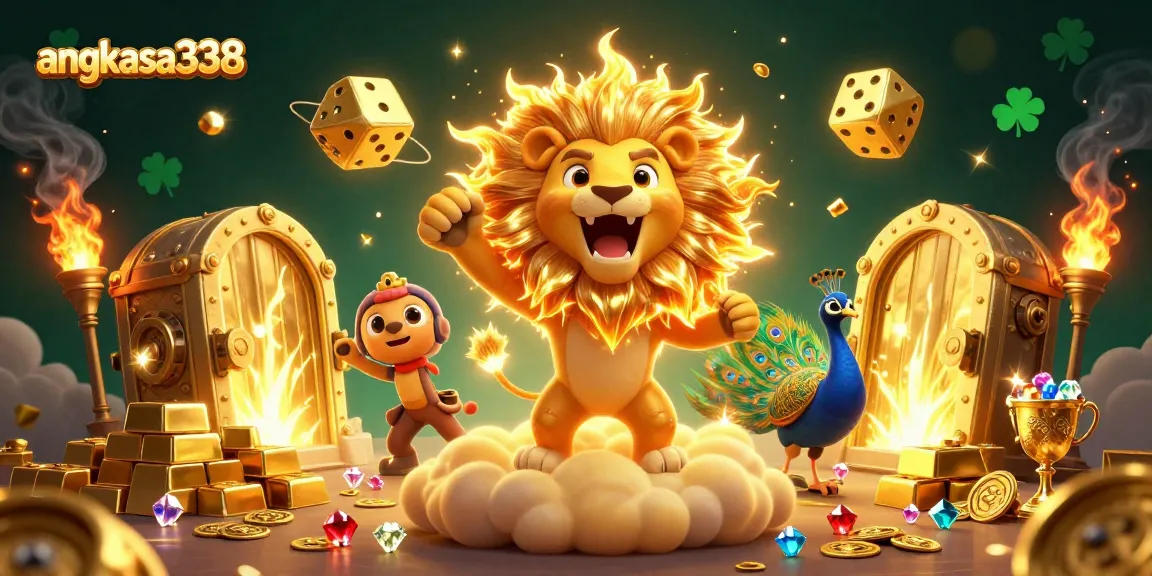 Experience the thrill of angkasa338 with a dynamic casino-themed 3D illustration featuring vibrant characters and treasures.