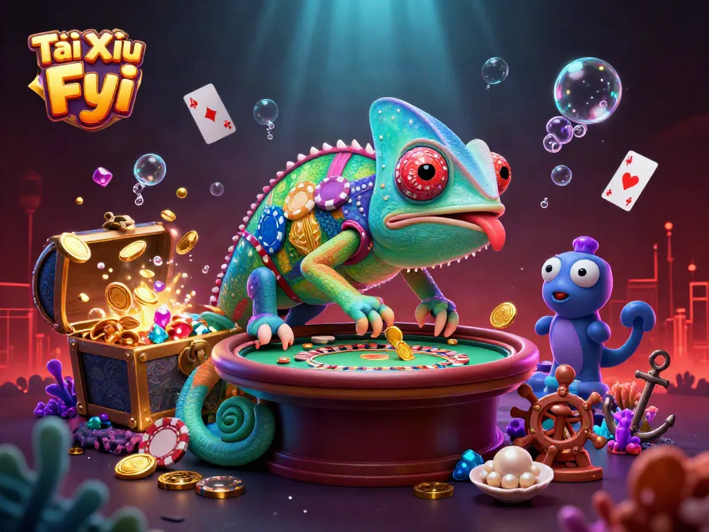 Engaging 3D illustration showcasing Tài Xỉu Fyi with vibrant chameleon casino owner and glittering game elements.