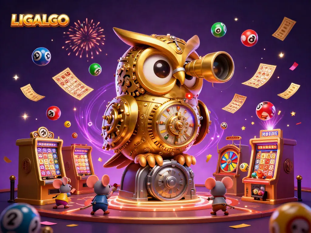 LIGALGO brings excitement with vibrant slot machines, golden owl, and lively lottery elements in dynamic casino scene.