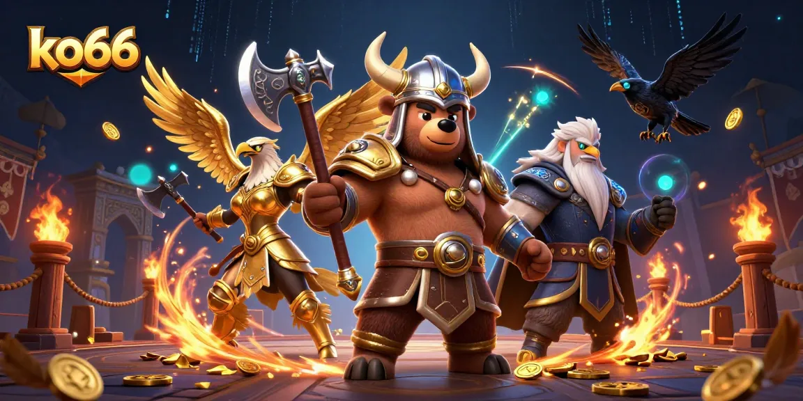 Engage with thrilling action at ko66, featuring a Viking berserker bear and Valkyrie eagle in a dazzling casino scene.
