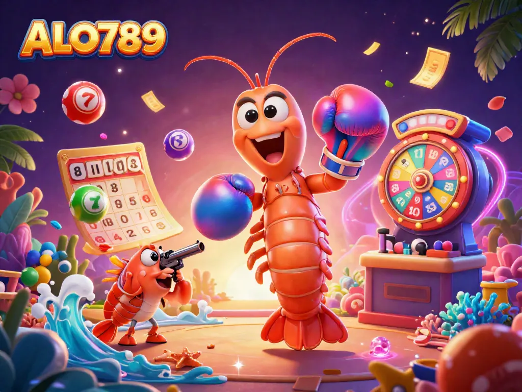 Join the excitement at ALO789 with cartoon characters enjoying thrilling lottery games and vibrant casino elements.