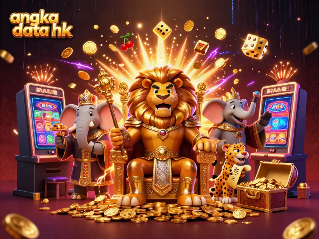 Mengamankan angka data HK dengan ilustrasi raja singa dan slot jackpot yang megah.