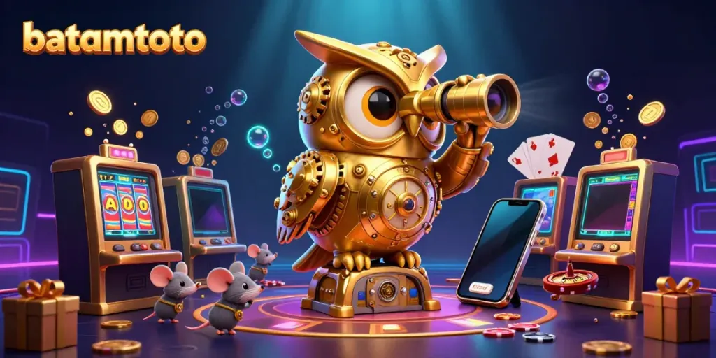 Experience batamtoto with 3D golden owl and lively casino scene, showcasing vibrant games and excitement.