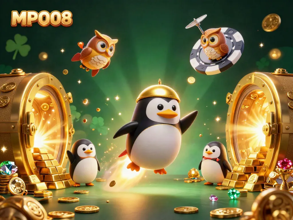 Engage with the thrilling MPO08 casino universe, featuring a golden penguin soaring past a poker chip space station.