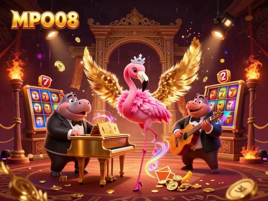 Engage with MPO08's vibrant casino scene showcasing a flamboyant flamingo, hippo bassist, and dynamic gaming elements.