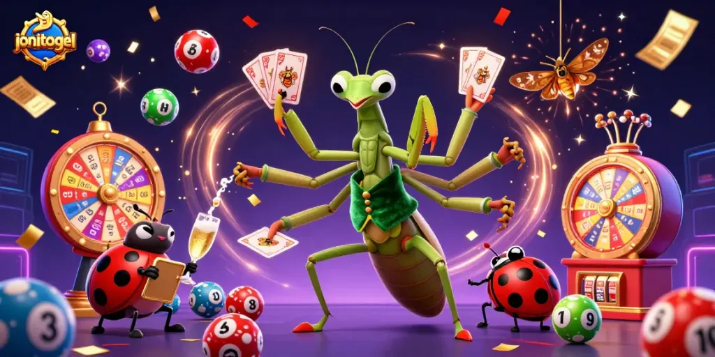 Play games like jonitogel, as the mantis deals cards amid colorful lottery balls and confetti.