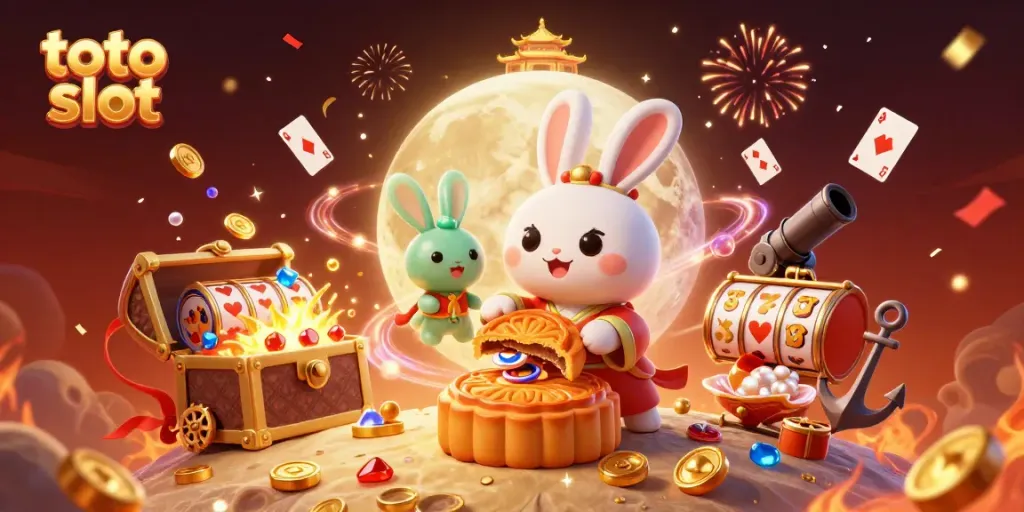 Menangkan permainan toto slot dengan karakter kelinci bulan yang menggiling kue bulan, dikelilingi elemen menarik.
