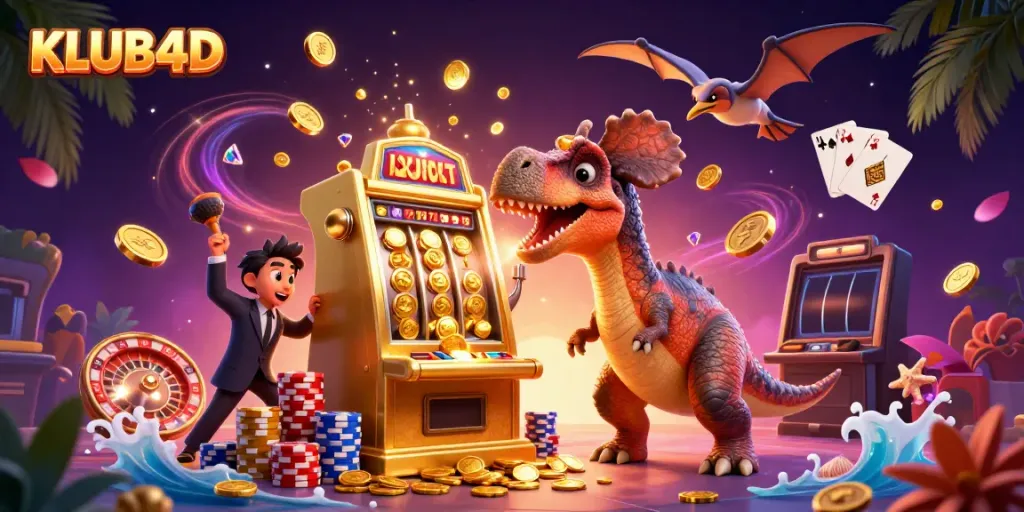 KLUB4D menghadirkan aksi menarik di kasino dengan dinosaurus dan mesin slot mengeluarkan koin jackpot.