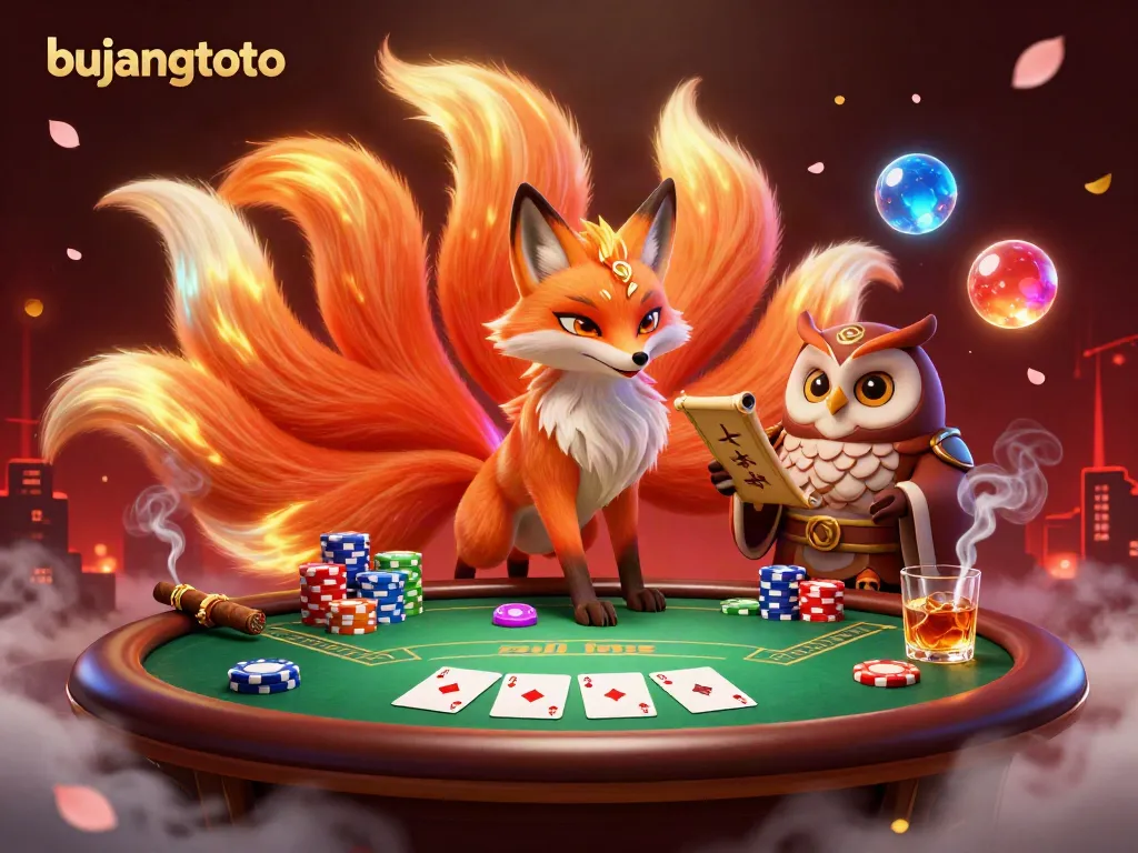 Engage with bujangtoto's vibrant 3D illustration showcasing a mystical fox spirit surrounded by poker elements.
