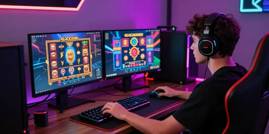 Player immersed in slot gacor gaming, dual monitors showcasing vibrant games.
