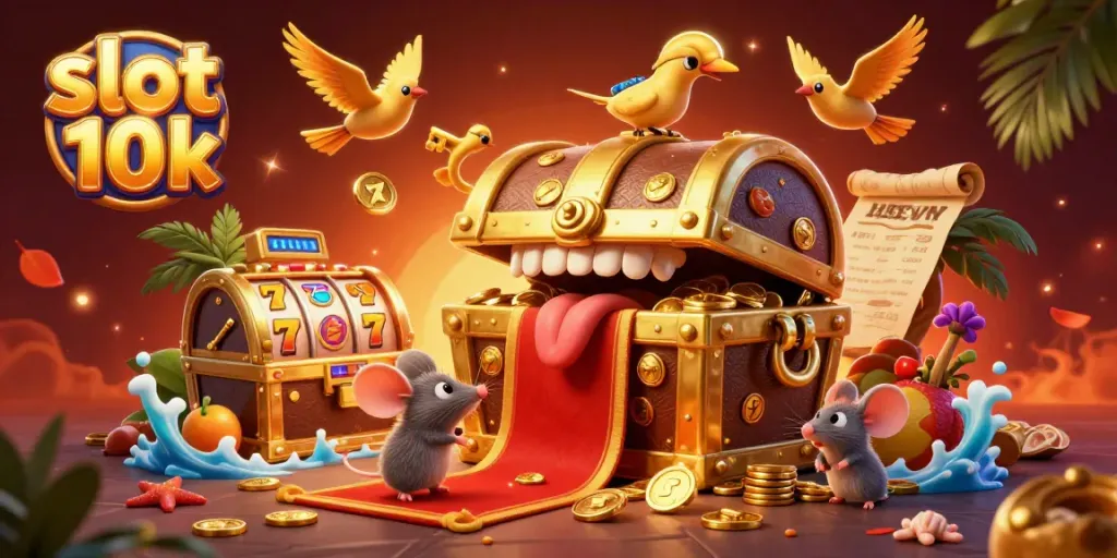 Memenangkan slot 10k dengan petualangan terhadap harta karun berkilau dan simbol keberuntungan di kasino.