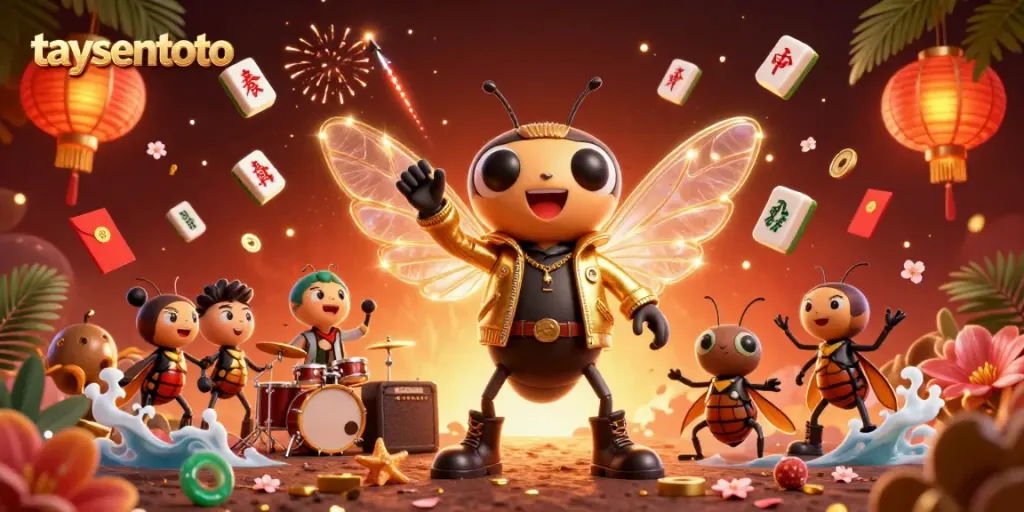 Engage with taysentoto in a vibrant casino scene featuring a cicada rock star, musical elements, and festive decorations.