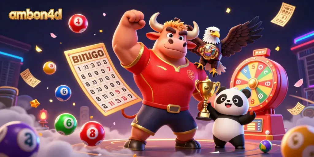 Celebrate with ambon4d as a bull mascot wins a trophy alongside a playful panda and eagle among dynamic game elements.