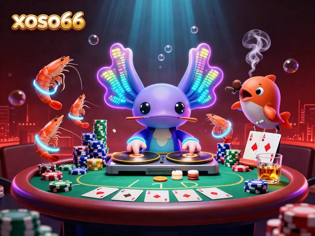 Engage with xoso66's vibrant online casino scene featuring a DJ axolotl and animated shrimp.
