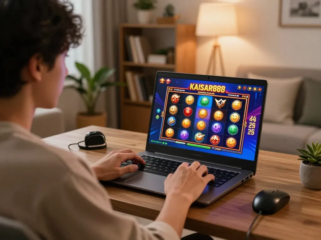 Kaisar888 menunjukkan seorang pemain menikmati permainan slot berkualitas tinggi di laptop di ruang permainan yang nyaman.