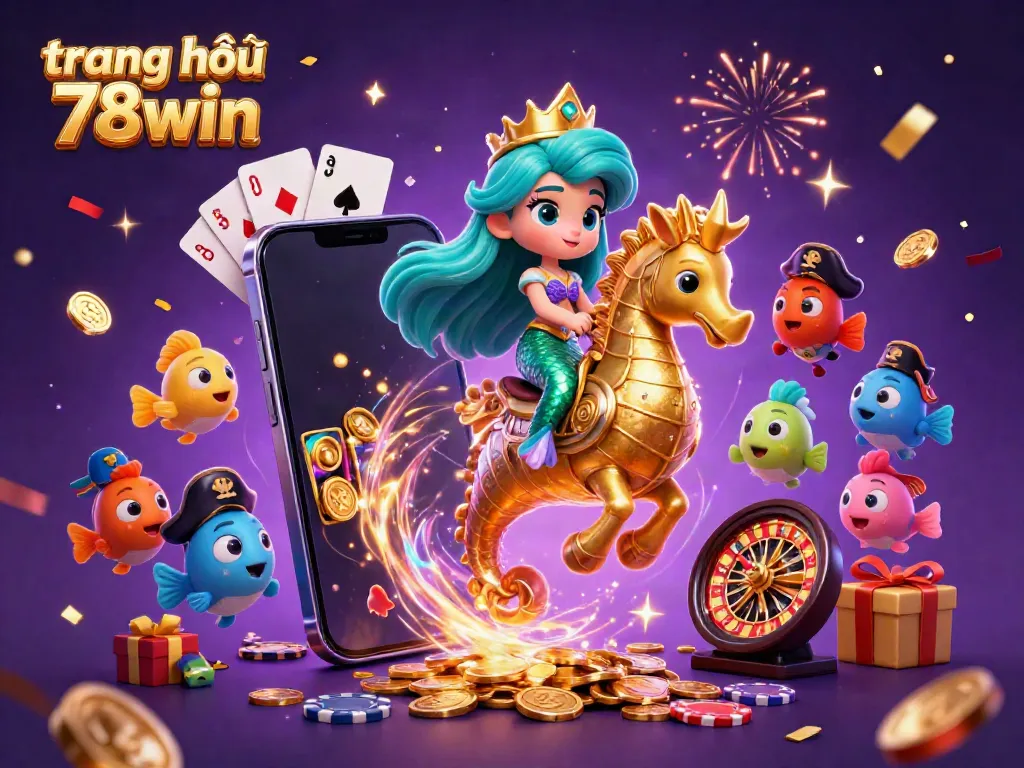 Experience the fun of gaming with trang chủ 78win in a vibrant, dynamic 3D illustration of a mermaid and sea creatures.