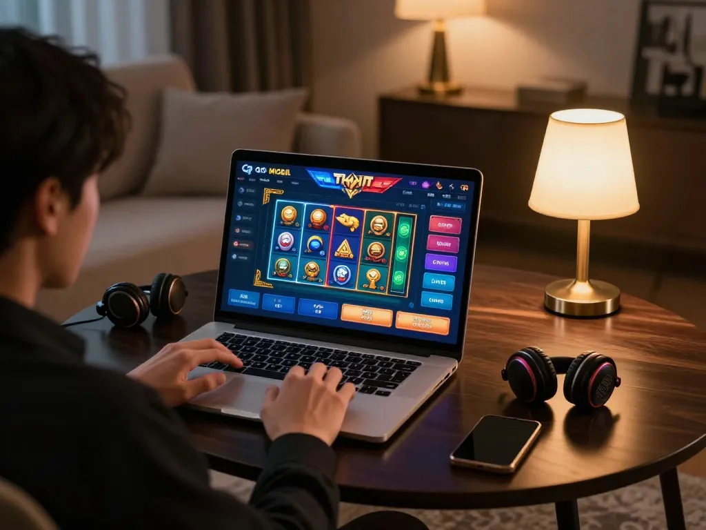 Engaged player strategizing on qqmobil gaming platform in a cozy home setting.